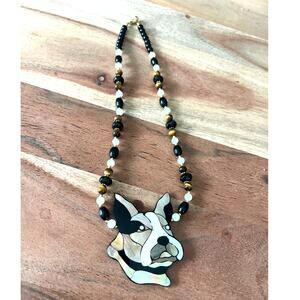 Vintage Shell Pearl Boston Terrier Dog Mosaic Pendant Necklace French Bulldog